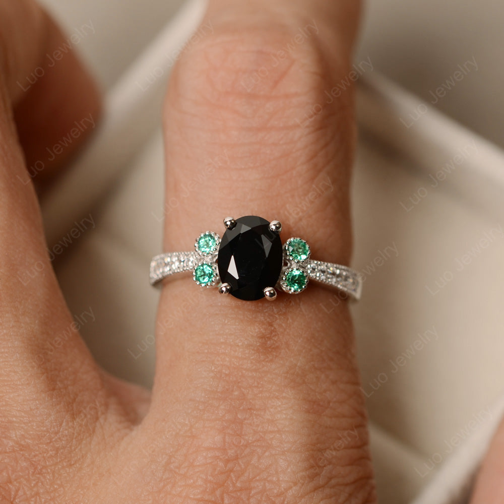 Oval Cut Black Spinel Art Deco Engagement Ring - LUO Jewelry