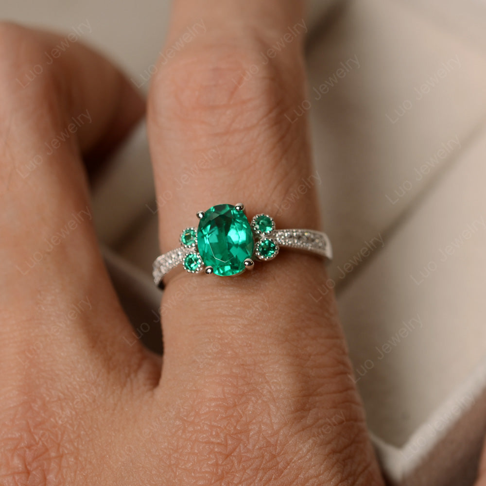 Oval Cut Lab Emerald Art Deco Engagement Ring - LUO Jewelry