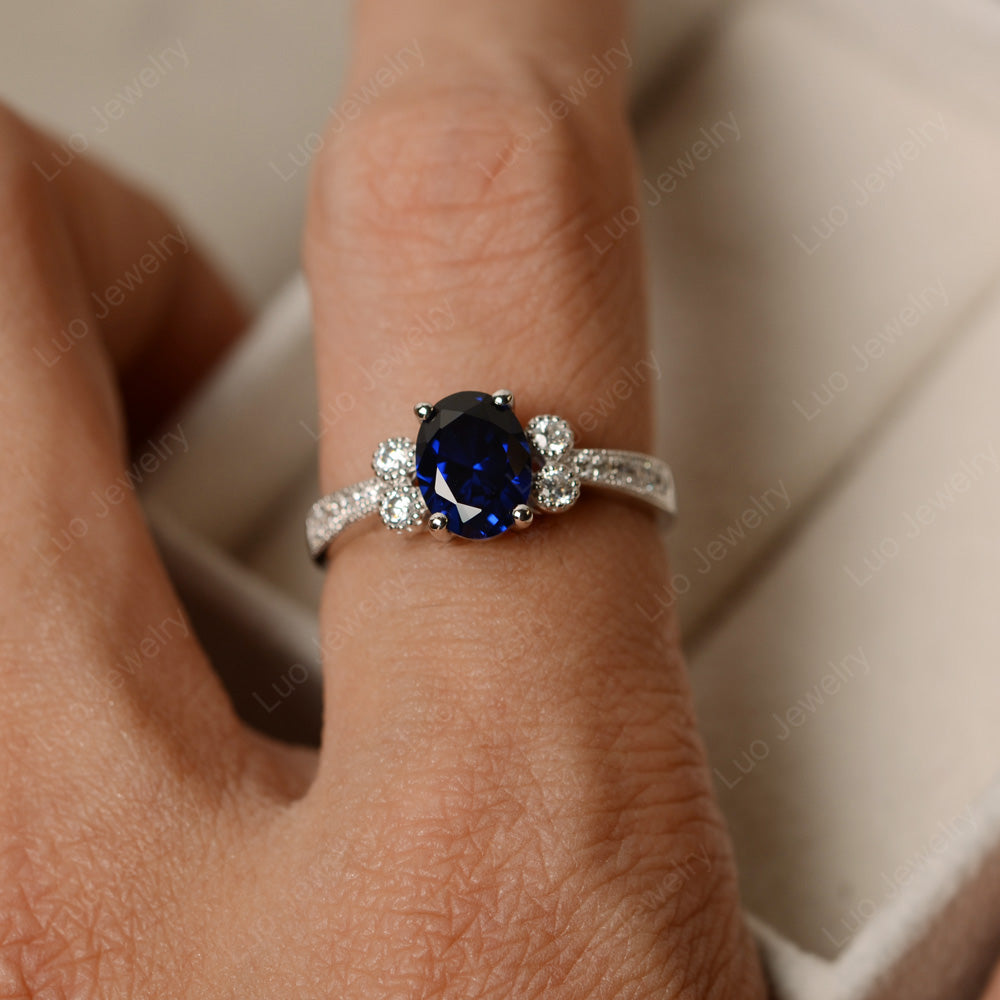 Oval Cut Lab Sapphire Art Deco Engagement Ring - LUO Jewelry