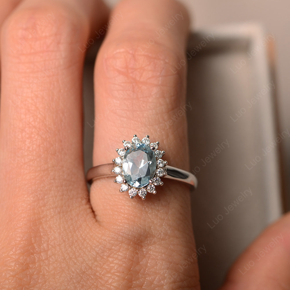 Oval Shape Aquamarine Halo Engagement Ring - LUO Jewelry