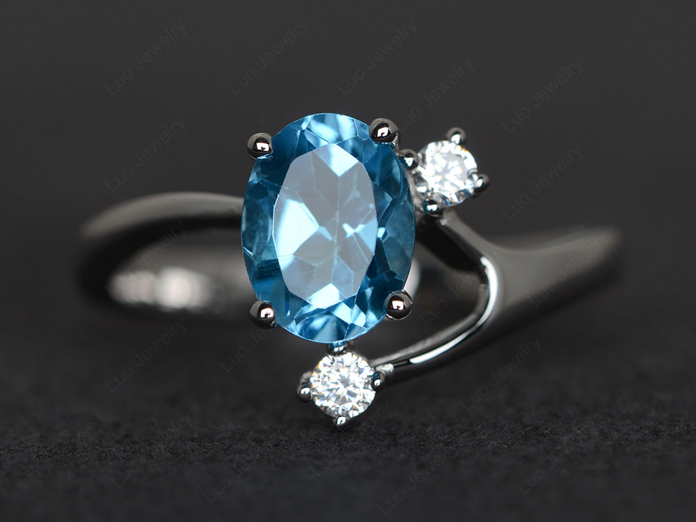 Oval Cut Swiss Blue Topaz Asymmetric Ring White Gold - LUO Jewelry