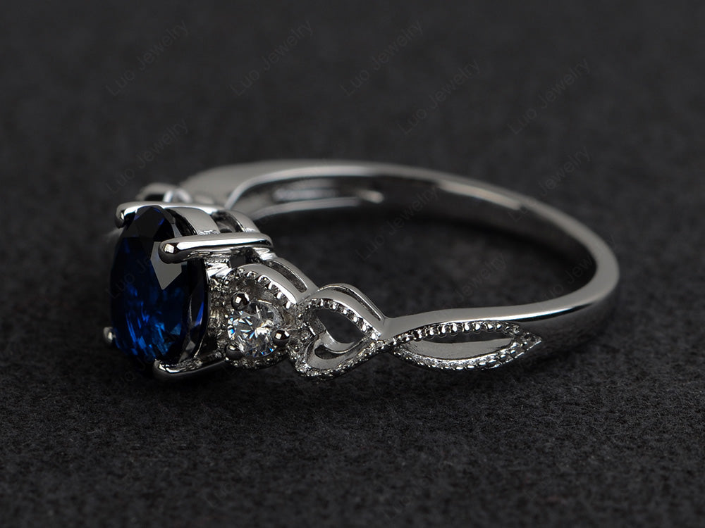Art Deco Lab Sapphire Ring Oval Cut Stone Ring - LUO Jewelry