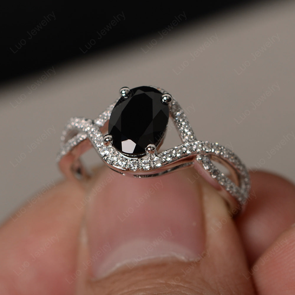 Oval Cut Black Stone Ring Twisted Engagement Ring - LUO Jewelry