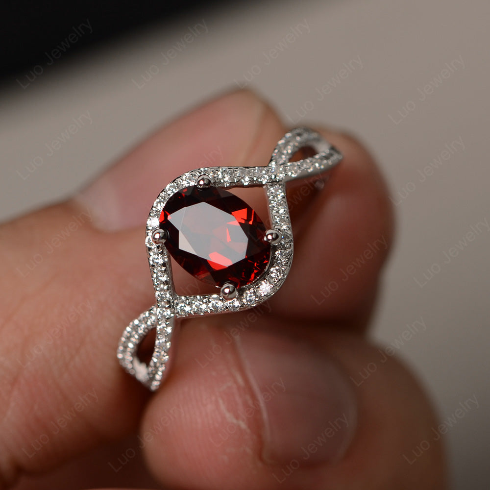 Oval Cut Garnet Ring Twisted Engagement Ring - LUO Jewelry
