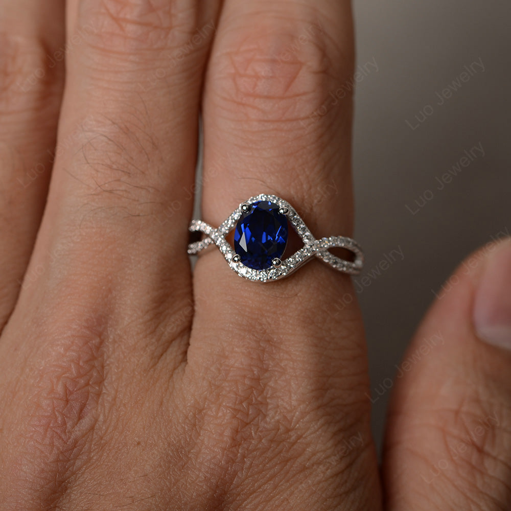 Oval Cut Lab Sapphire Ring Twisted Engagement Ring - LUO Jewelry