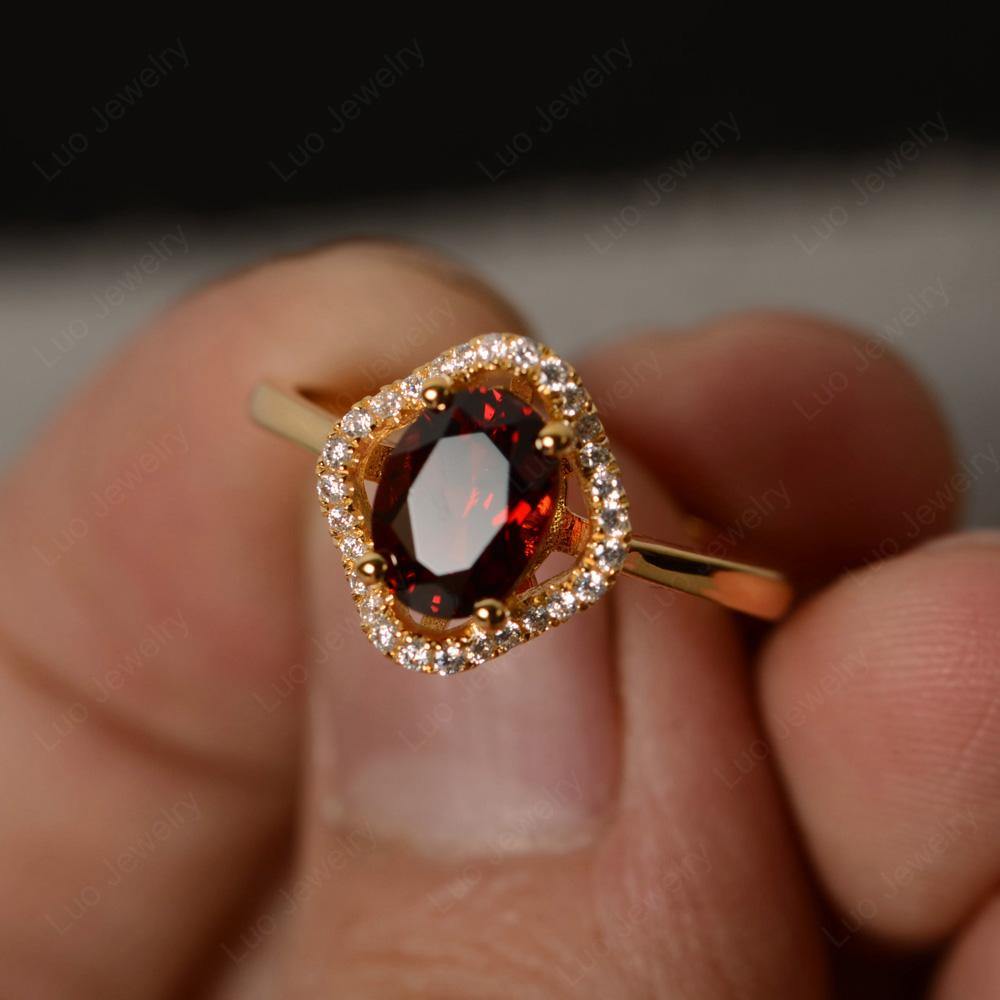 Oval Garnet Flower Halo Engagement Ring - LUO Jewelry