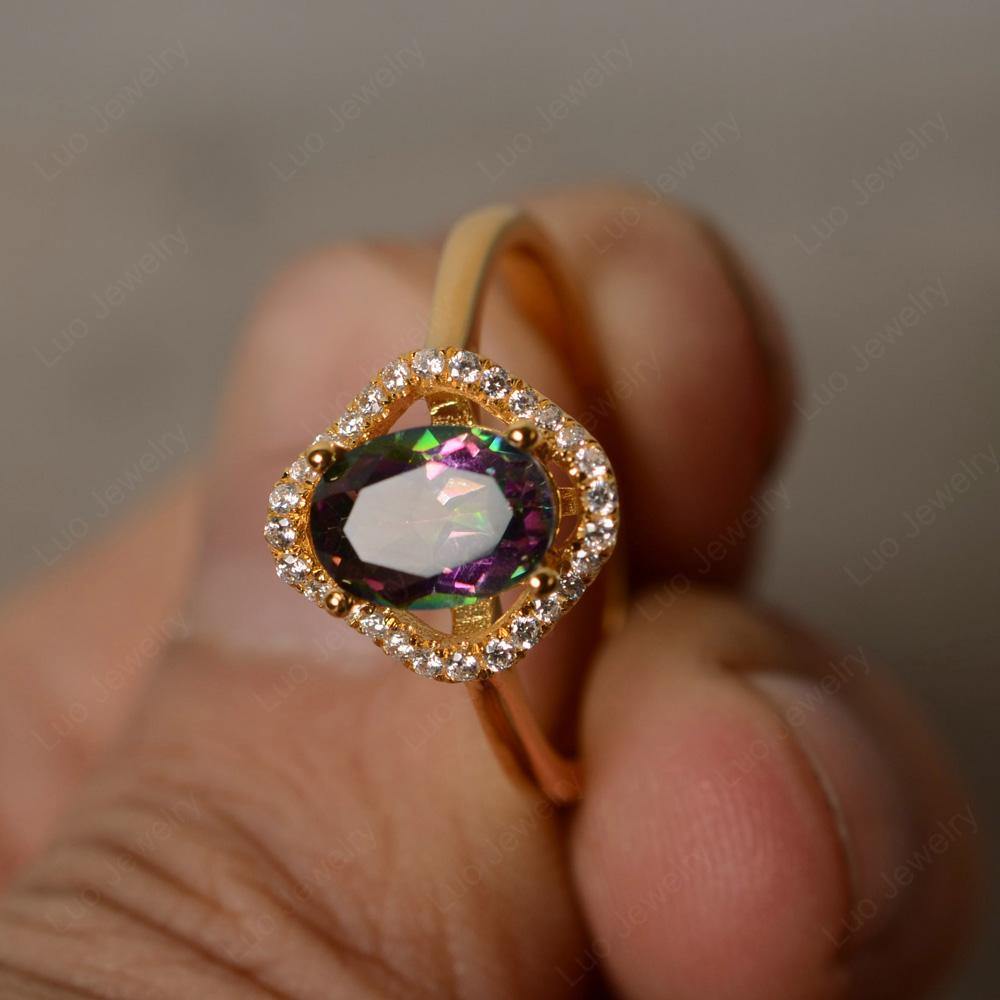 Oval Mystic Topaz Flower Halo Engagement Ring - LUO Jewelry