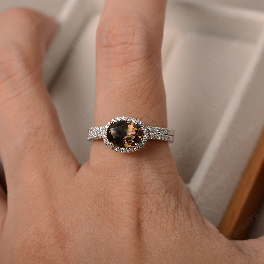 Oval Smoky Quartz Engagement Ring With Wedding Band - LUO Jewelry