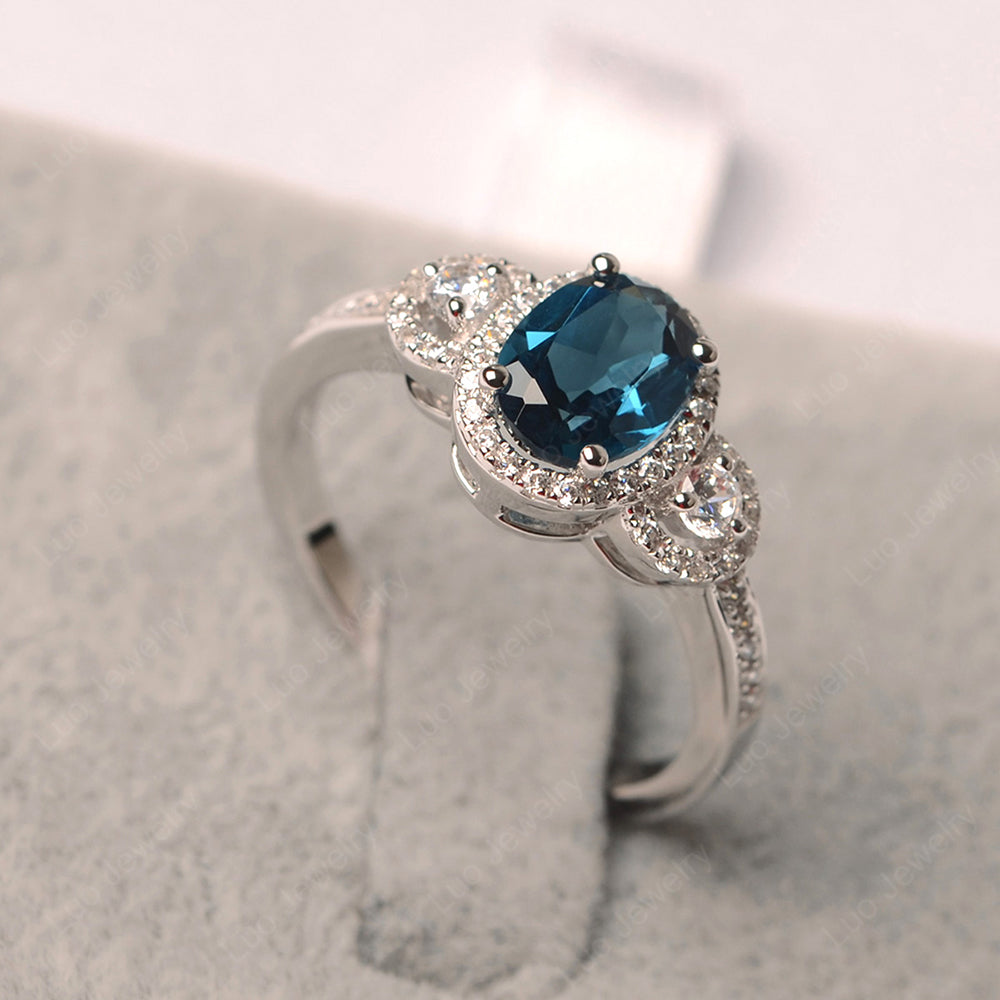 Oval London Blue Topaz Ring Halo Engagement Ring - LUO Jewelry
