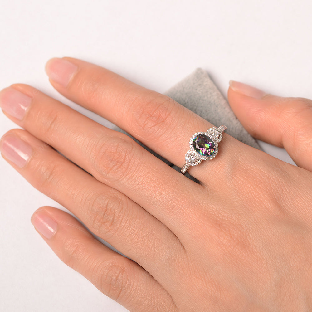 Oval Mystic Topaz Ring Halo Engagement Ring - LUO Jewelry