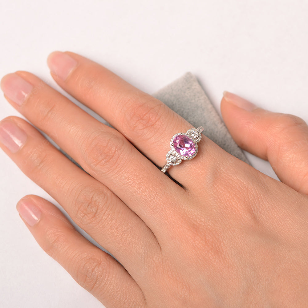 Oval Pink Sapphire Ring Halo Engagement Ring - LUO Jewelry