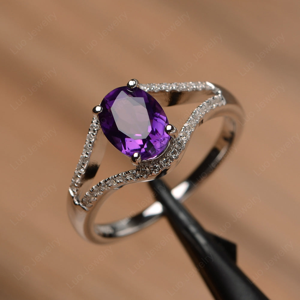 Oval Amethyst Ring Split Shank Sterling Silver - LUO Jewelry