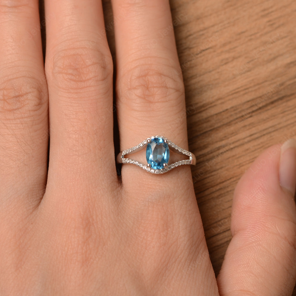 Oval Swiss Blue Topaz Ring Split Shank Sterling Silver - LUO Jewelry