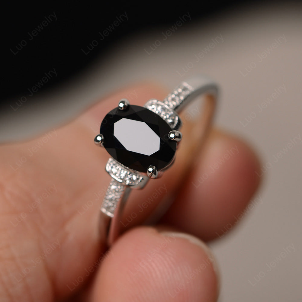 Black Stone Wedding Ring Oval Engagement Ring - LUO Jewelry