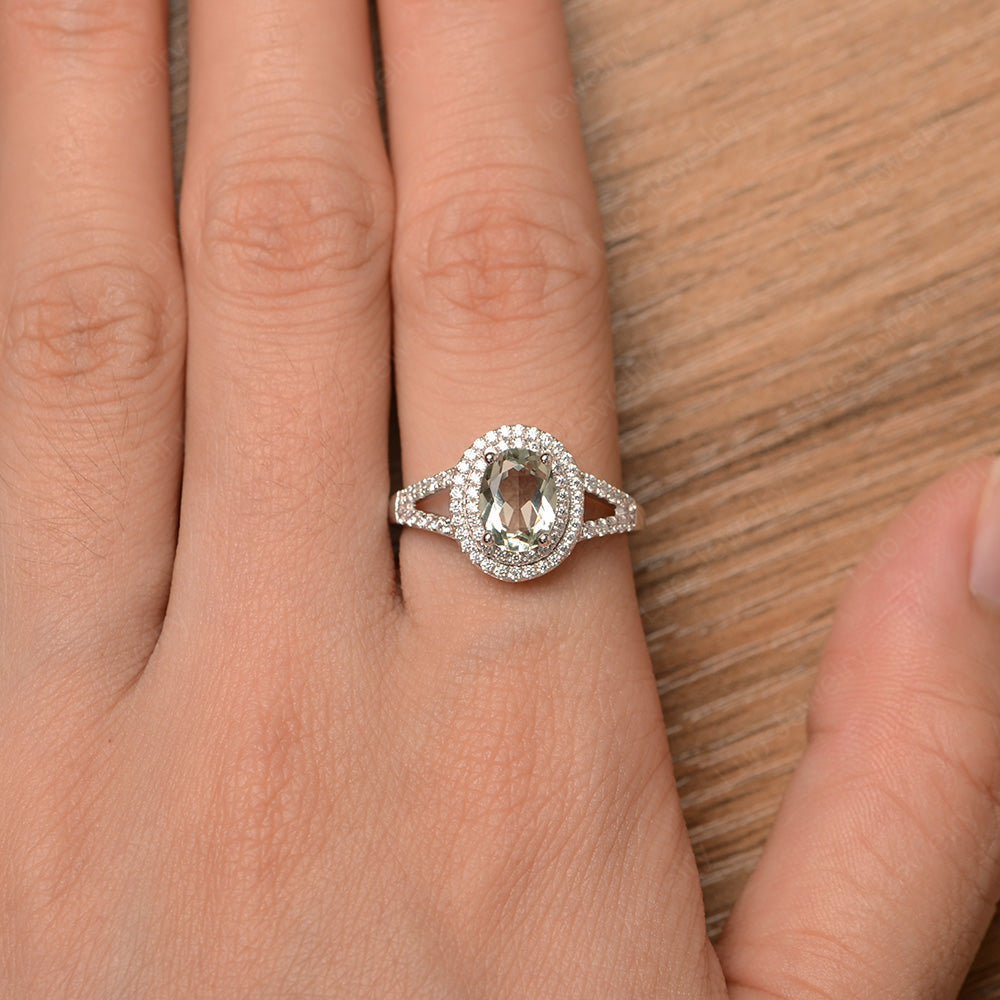 Green Amethyst Double Halo Oval Engagement Ring - LUO Jewelry