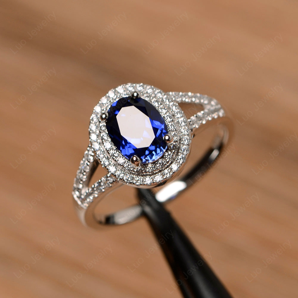 Lab Sapphire Double Halo Oval Engagement Ring - LUO Jewelry