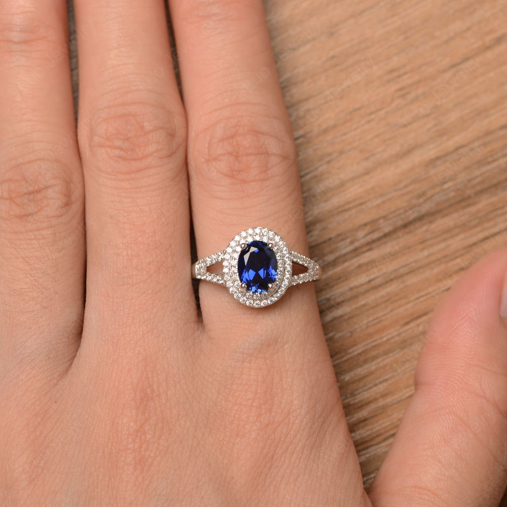 Lab Sapphire Double Halo Oval Engagement Ring - LUO Jewelry