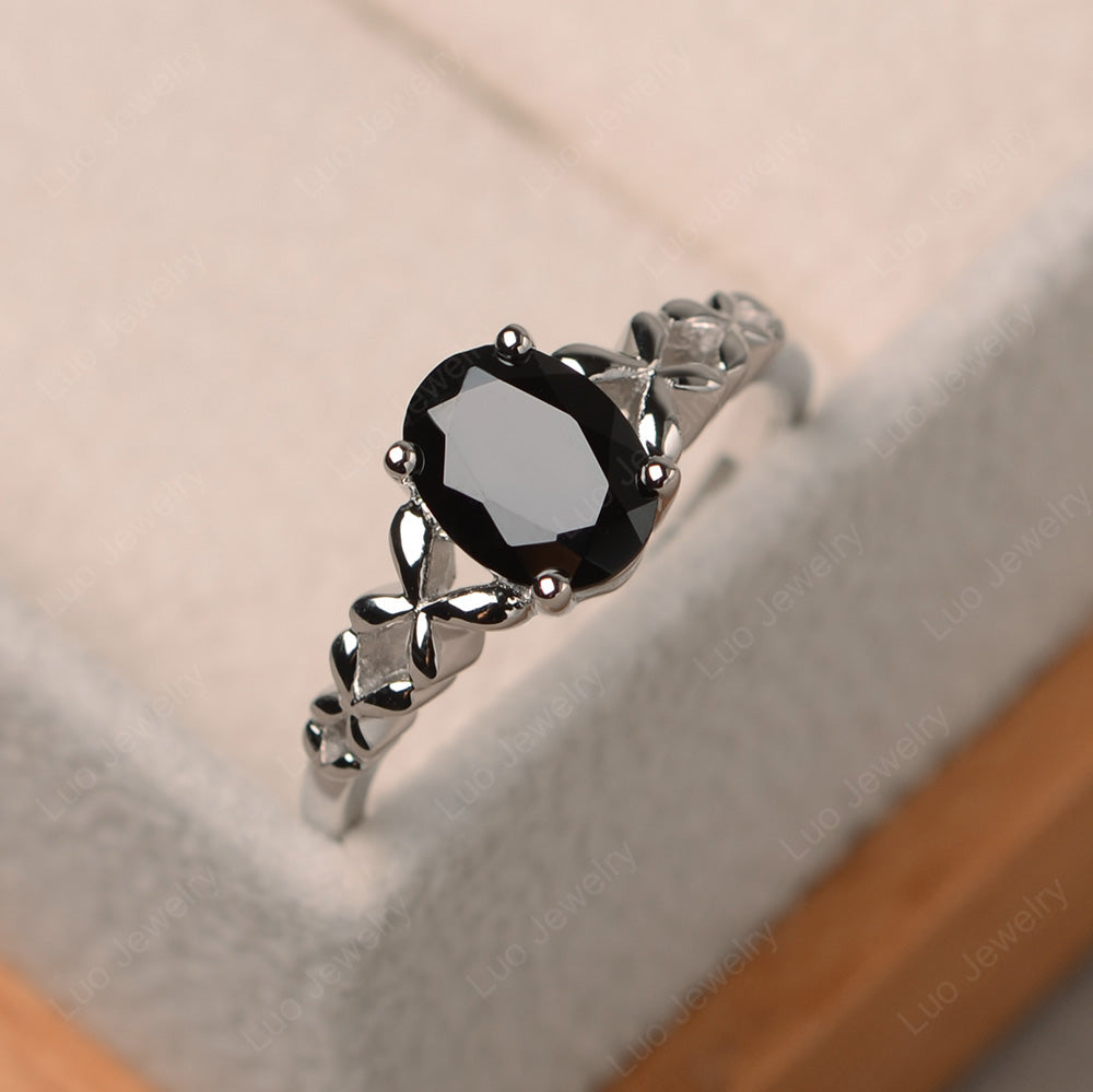 Vintage Black Spinel Solitaire Ring White Gold - LUO Jewelry