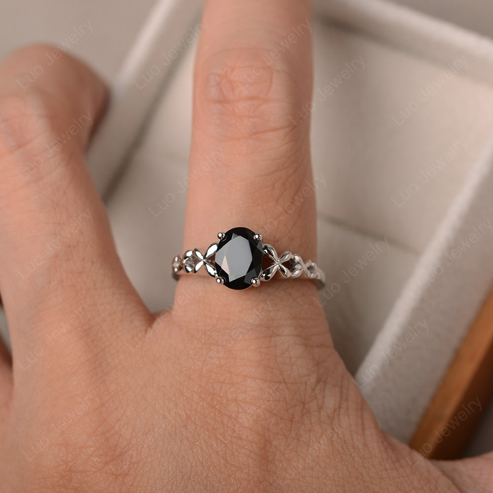 Vintage Black Spinel Solitaire Ring White Gold - LUO Jewelry