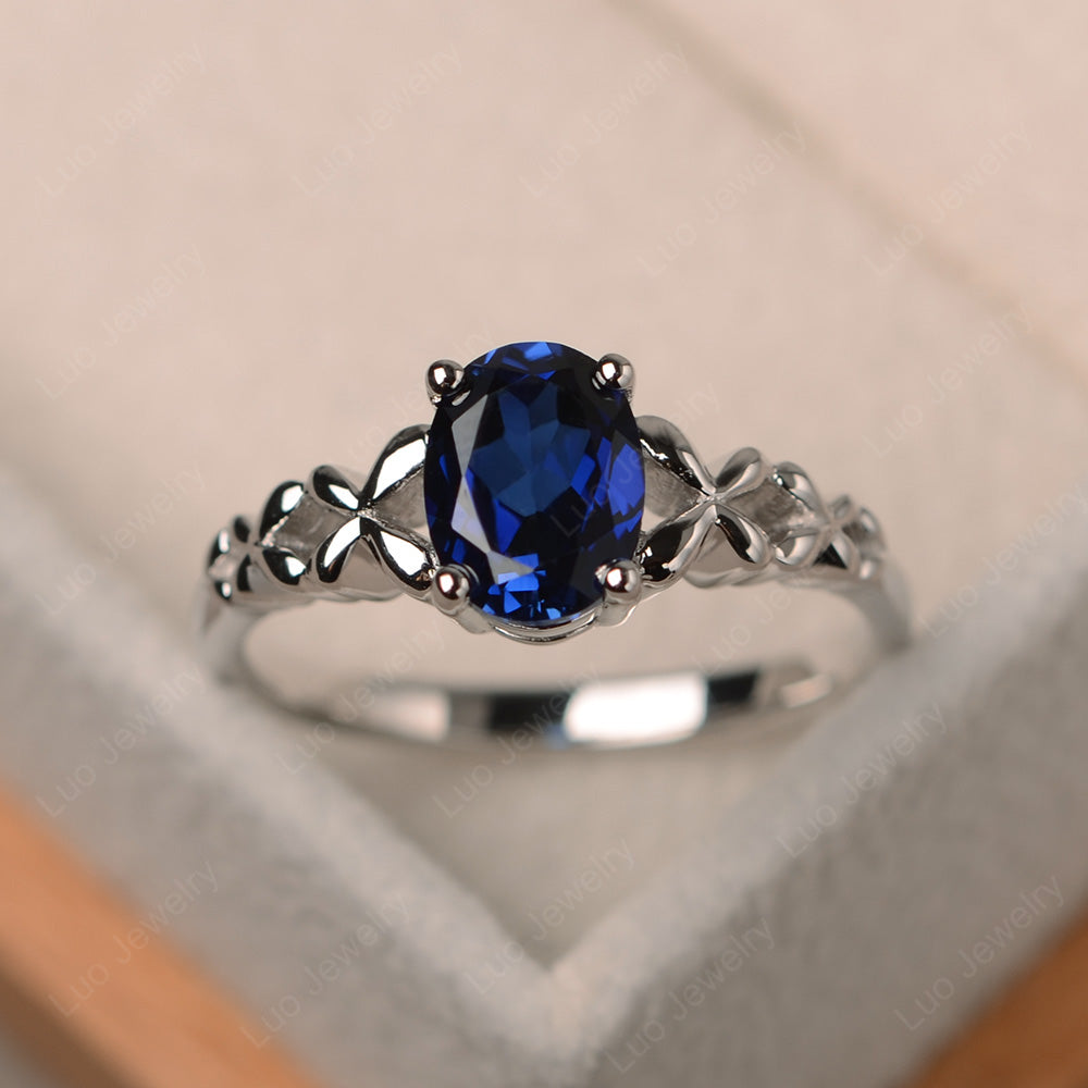 Vintage Lab Sapphire Solitaire Ring White Gold - LUO Jewelry