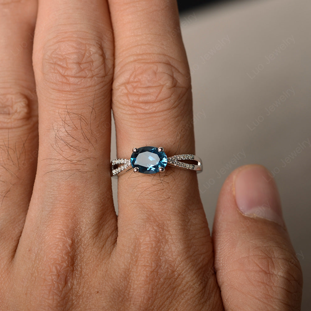 Oval East West London Blue Topaz Engagement Ring Gold - LUO Jewelry