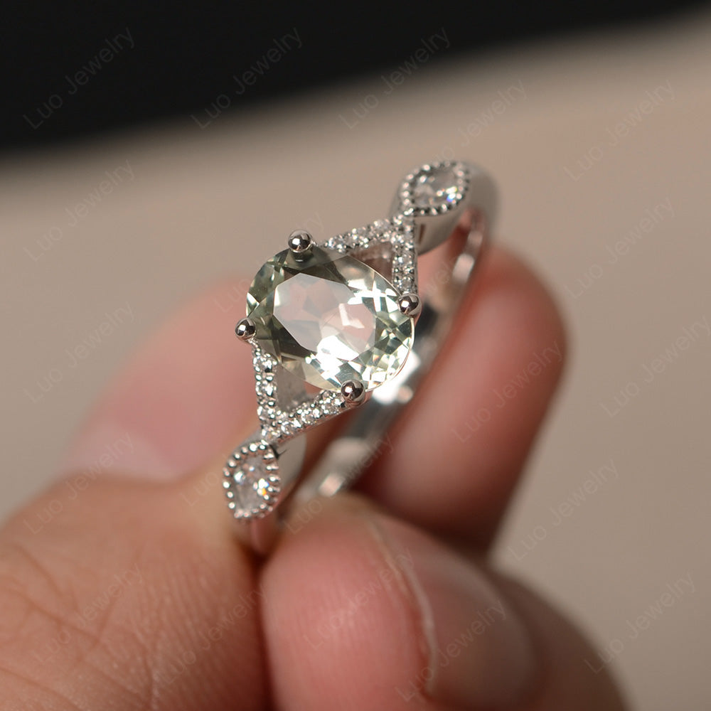 Oval Green Amethyst Engagement Ring White Gold - LUO Jewelry