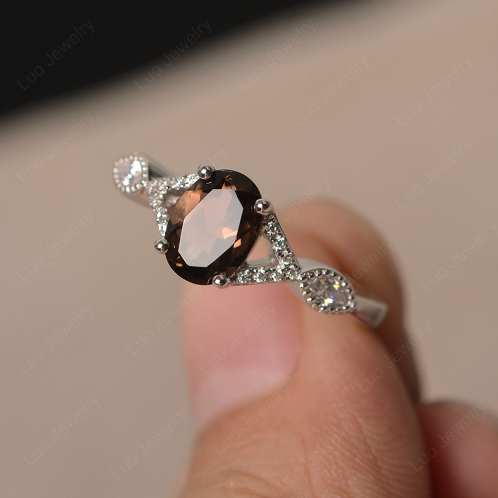 Oval Smoky Quartz  Engagement Ring White Gold - LUO Jewelry