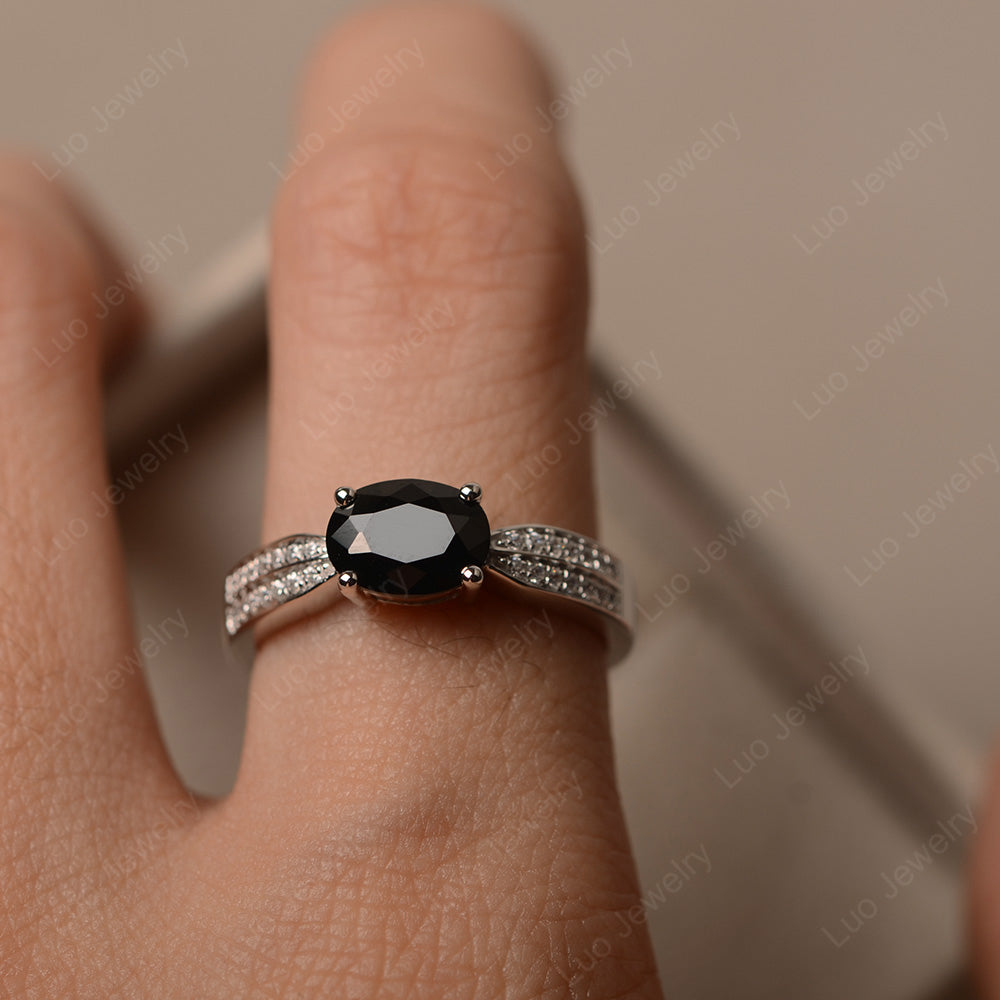 Oval Black Spinel Wedding East West Ring - LUO Jewelry