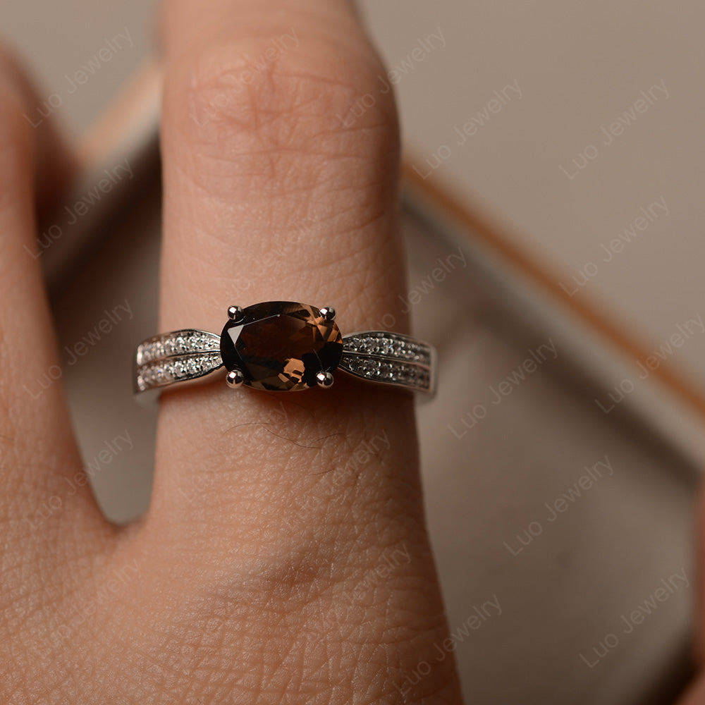 Oval Smoky Quartz Wedding East West Ring - LUO Jewelry