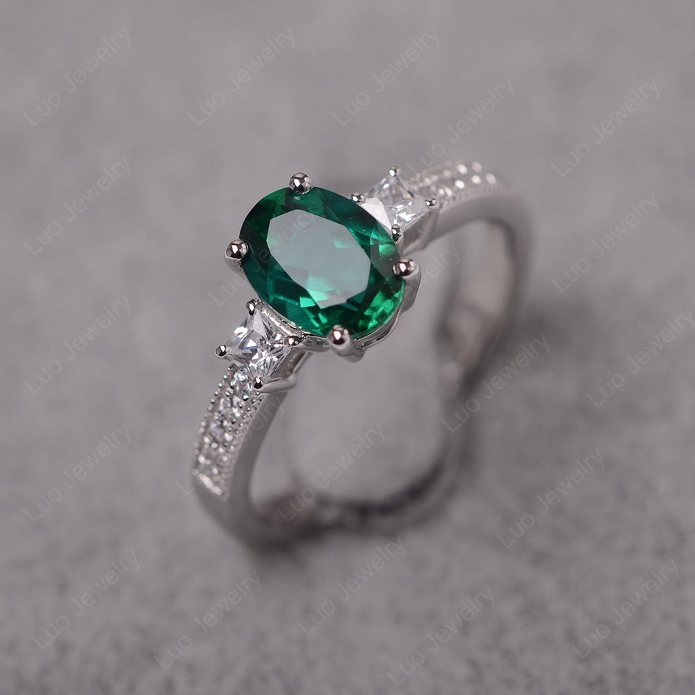 Lab Emerald Oval Cut Engagement Ring Silver - LUO Jewelry