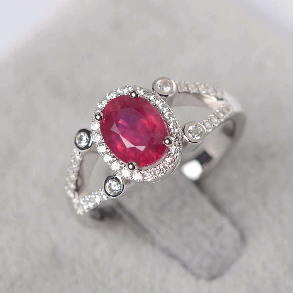 Oval Ruby Split Shank Engagement Ring | LUO