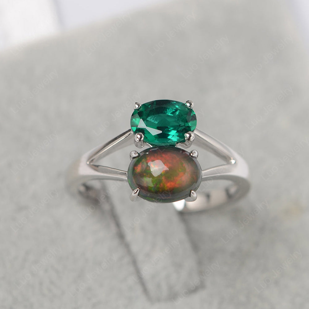 Black Opal and Emerald Ring Split Shank Ring - LUO Jewelry
