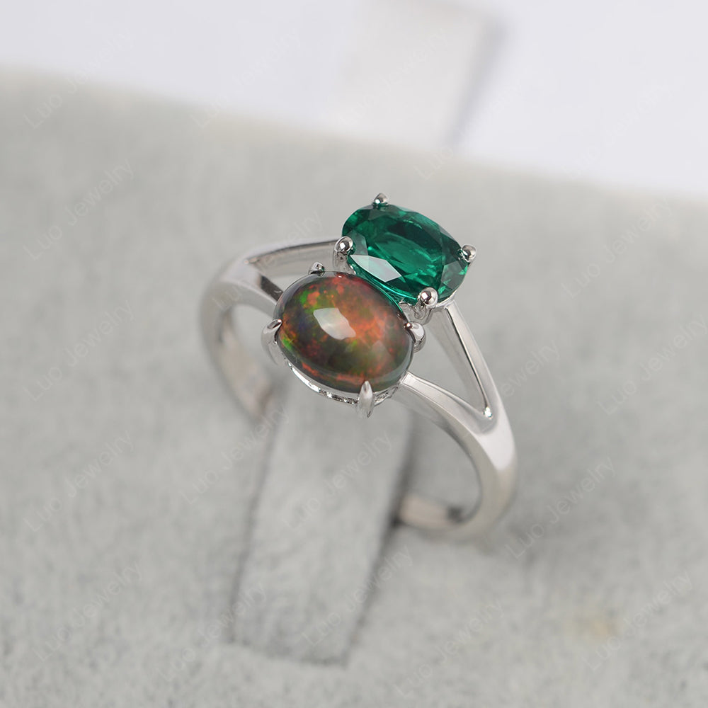 Black Opal and Emerald Ring Split Shank Ring - LUO Jewelry