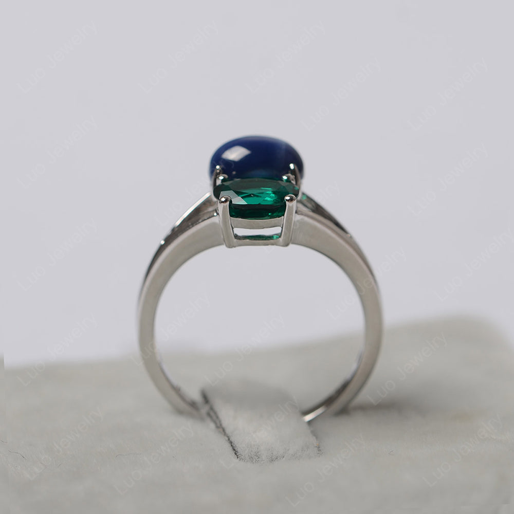 Oval Emerald And Star Lab Sapphire Ring Split Shank Ring - LUO Jewelry
