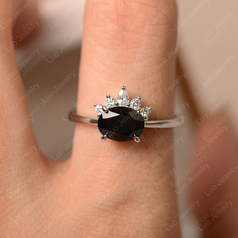 Vintage Black Spinel Ring East West Oval Cut Ring - LUO Jewelry