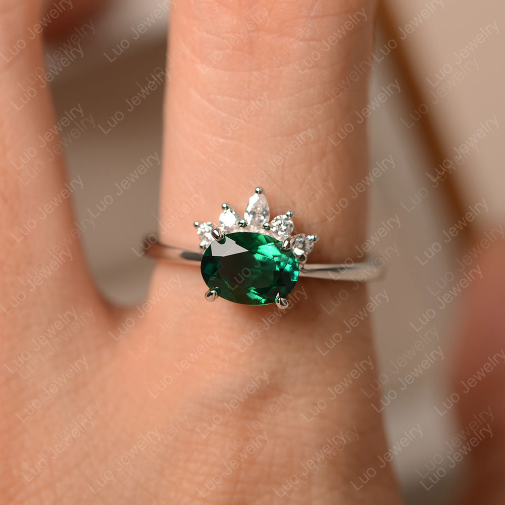 Vintage Lab Emerald Ring East West Oval Cut Ring - LUO Jewelry