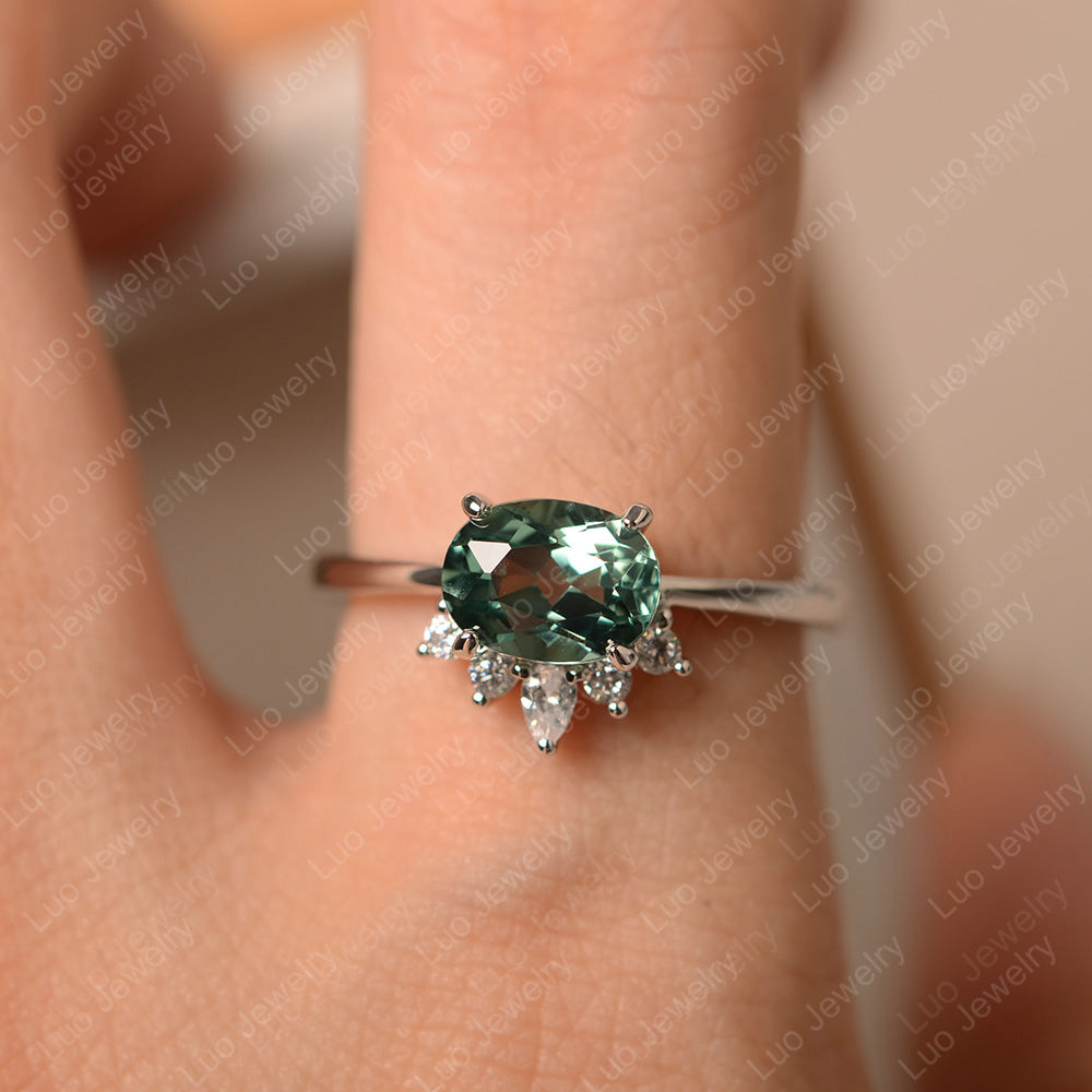 Vintage Green Sapphire Ring East West Oval Cut Ring - LUO Jewelry