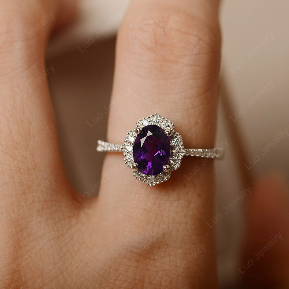 Amethyst Ring Oval Cut Halo Engagement Ring - LUO Jewelry