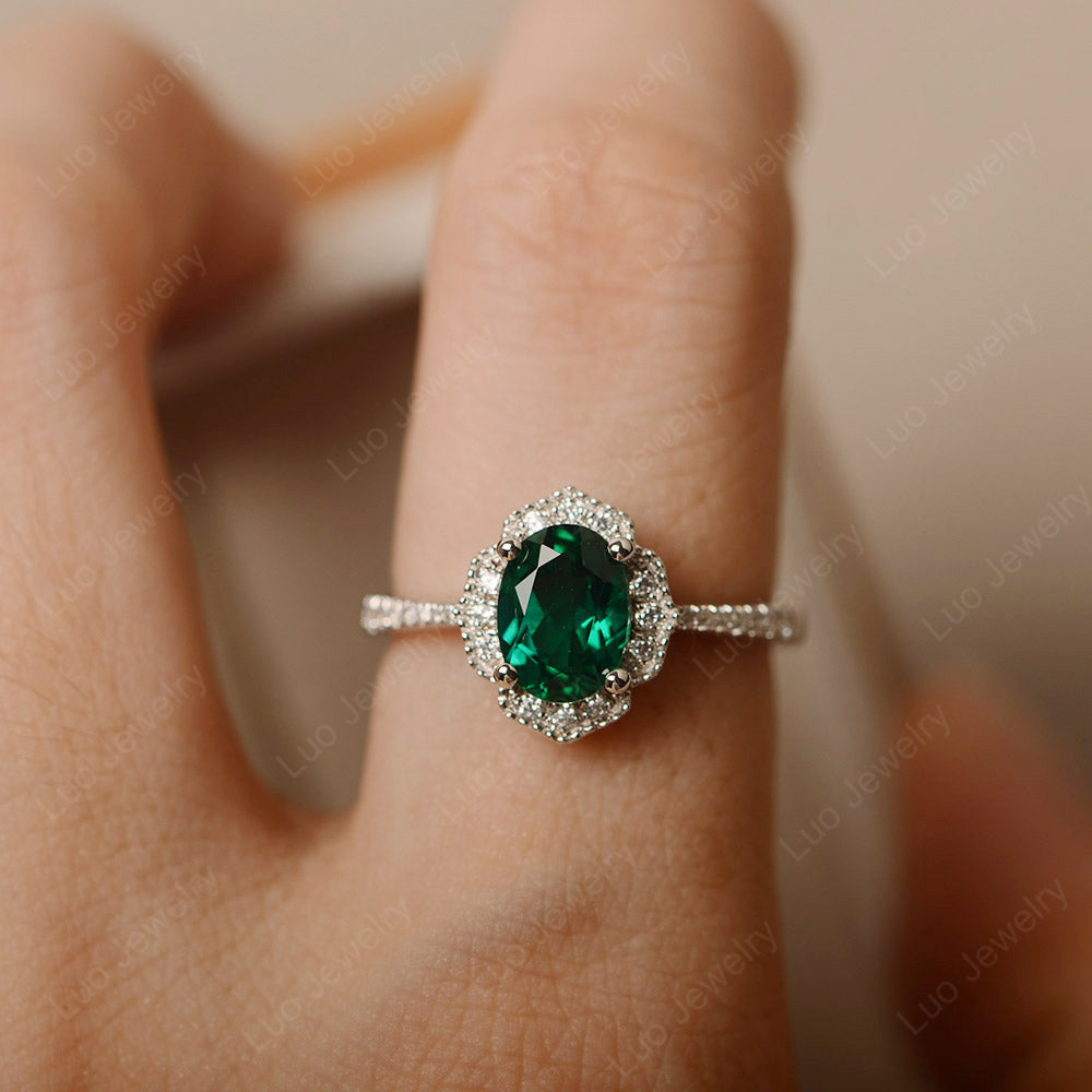 Lab Emerald Ring Oval Cut Halo Engagement Ring - LUO Jewelry