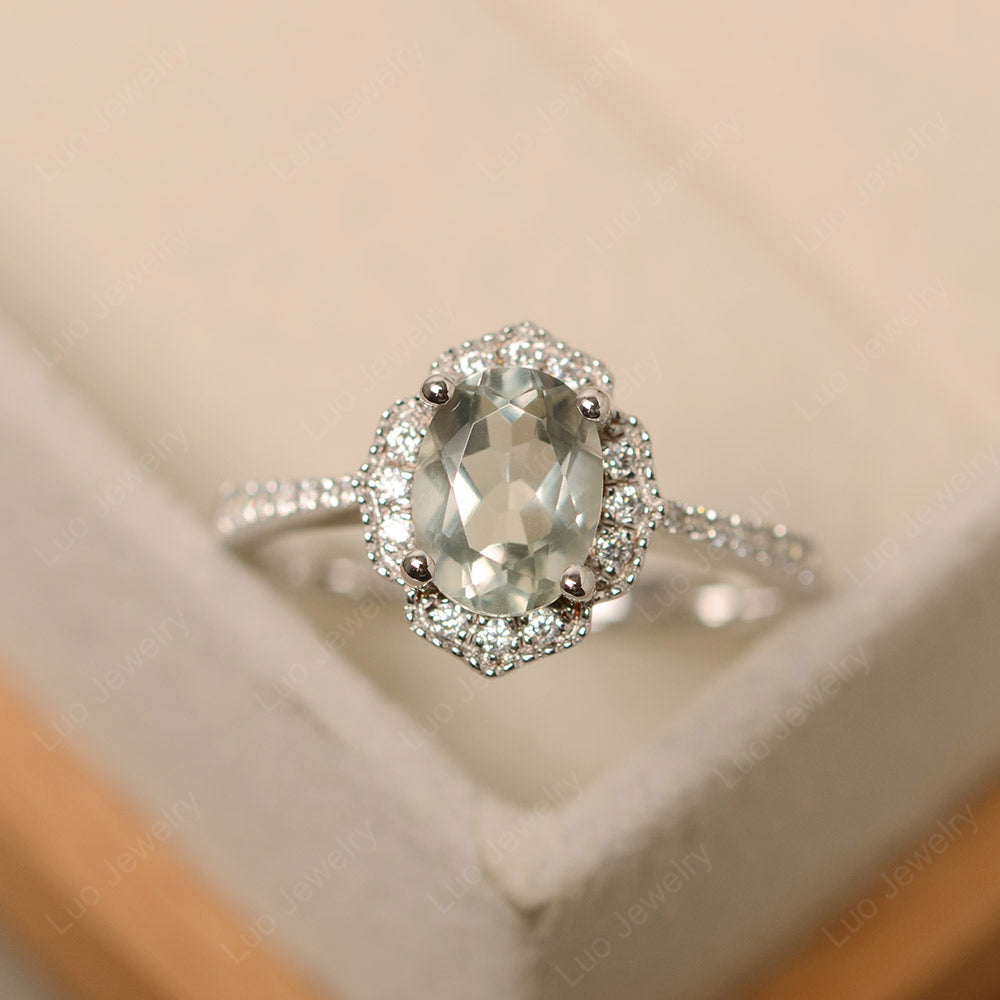 Green Amethyst Ring Oval Cut Halo Engagement Ring - LUO Jewelry