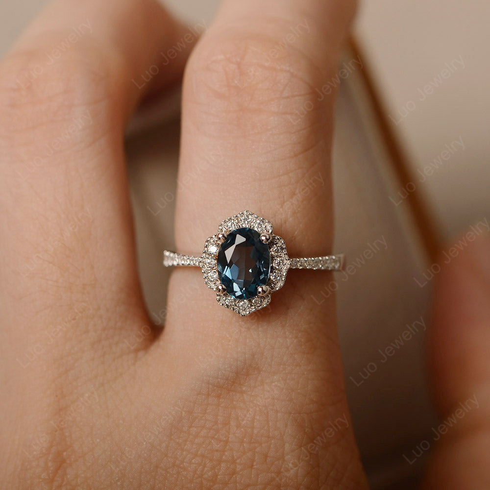 London Blue Topaz Ring Oval Cut Halo Engagement Ring - LUO Jewelry