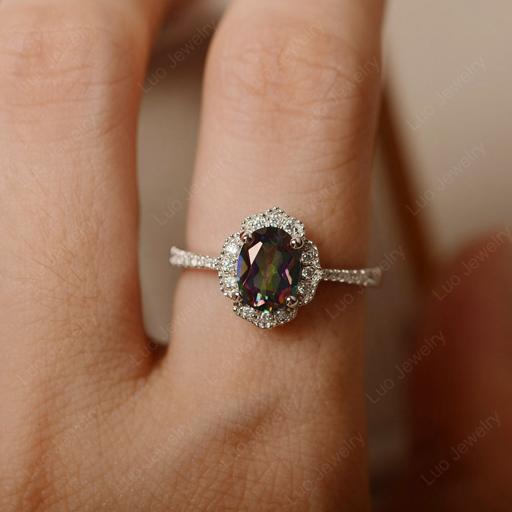 Mystic Topaz Ring Oval Cut Halo Engagement Ring - LUO Jewelry
