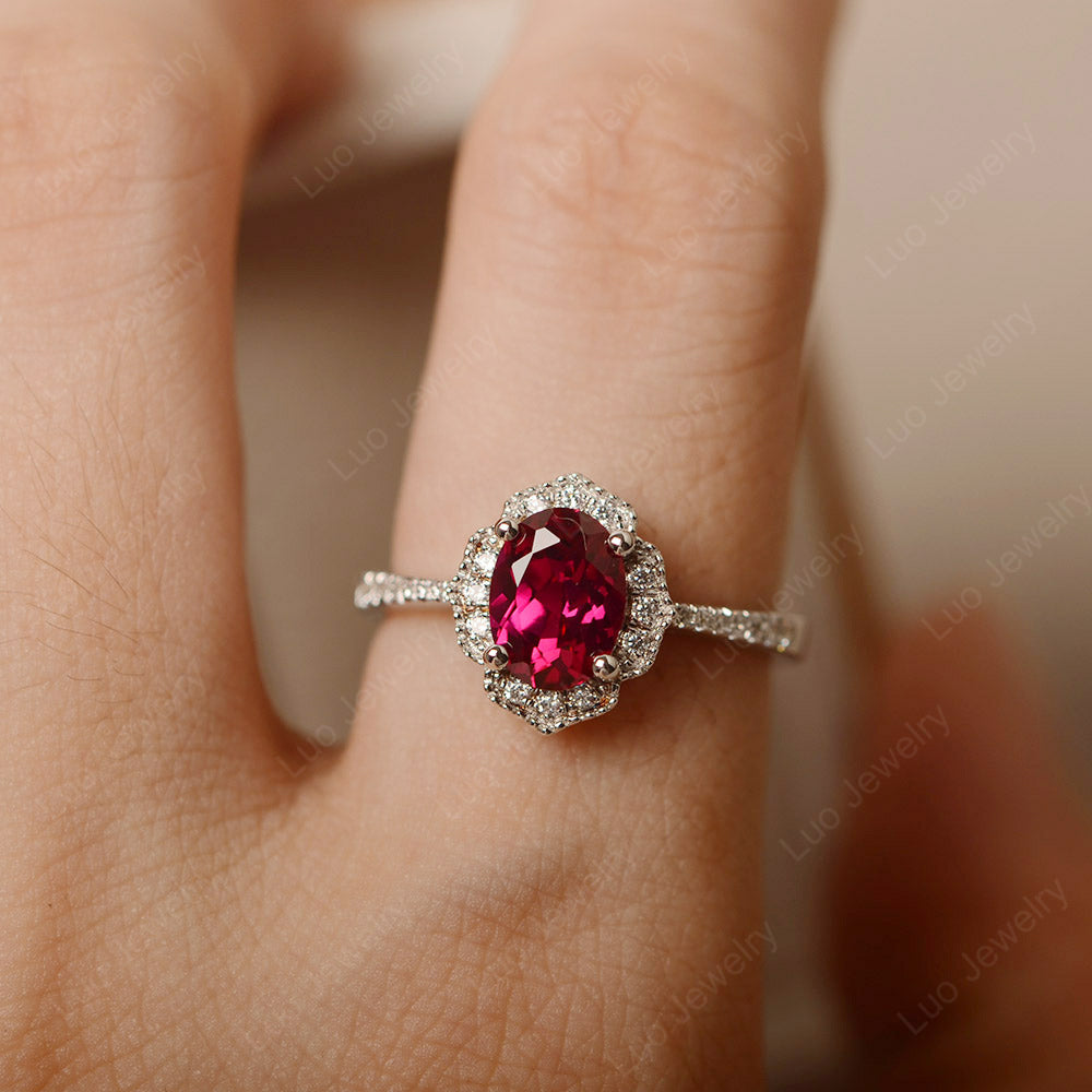 Ruby Ring Oval Cut Halo Engagement Ring - LUO Jewelry