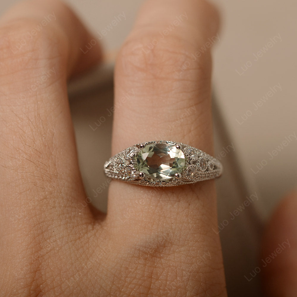 Vintage Horizontal Oval Cut Green Amethyst Ring - LUO Jewelry