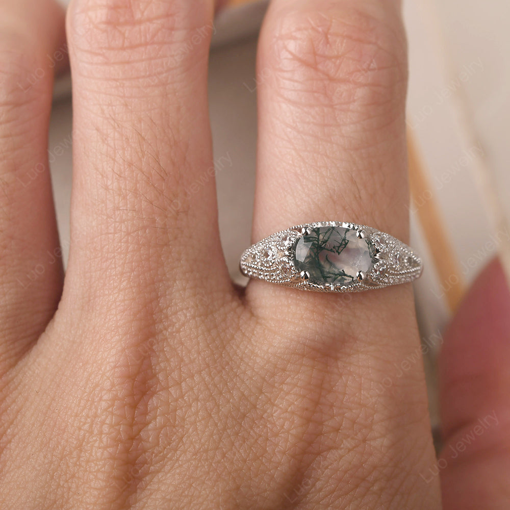 Vintage Horizontal Oval Cut Moss Agate Ring - LUO Jewelry