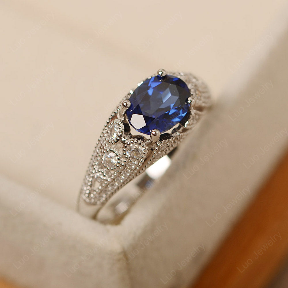 Vintage Horizontal Oval Cut Lab Sapphire Ring - LUO Jewelry