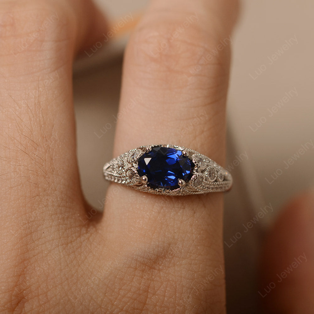 Vintage Horizontal Oval Cut Lab Sapphire Ring - LUO Jewelry