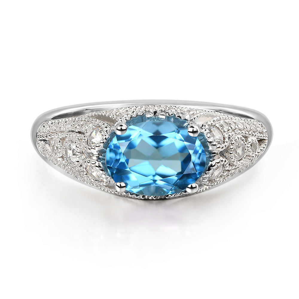 Vintage Horizontal Oval Cut Swiss Blue Topaz Ring LUO