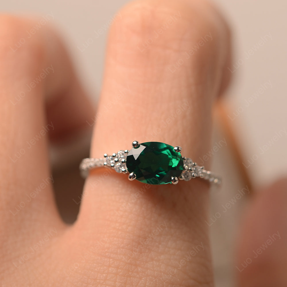 Horizontal Oval Cut Lab Emerald Engagement Ring - LUO Jewelry