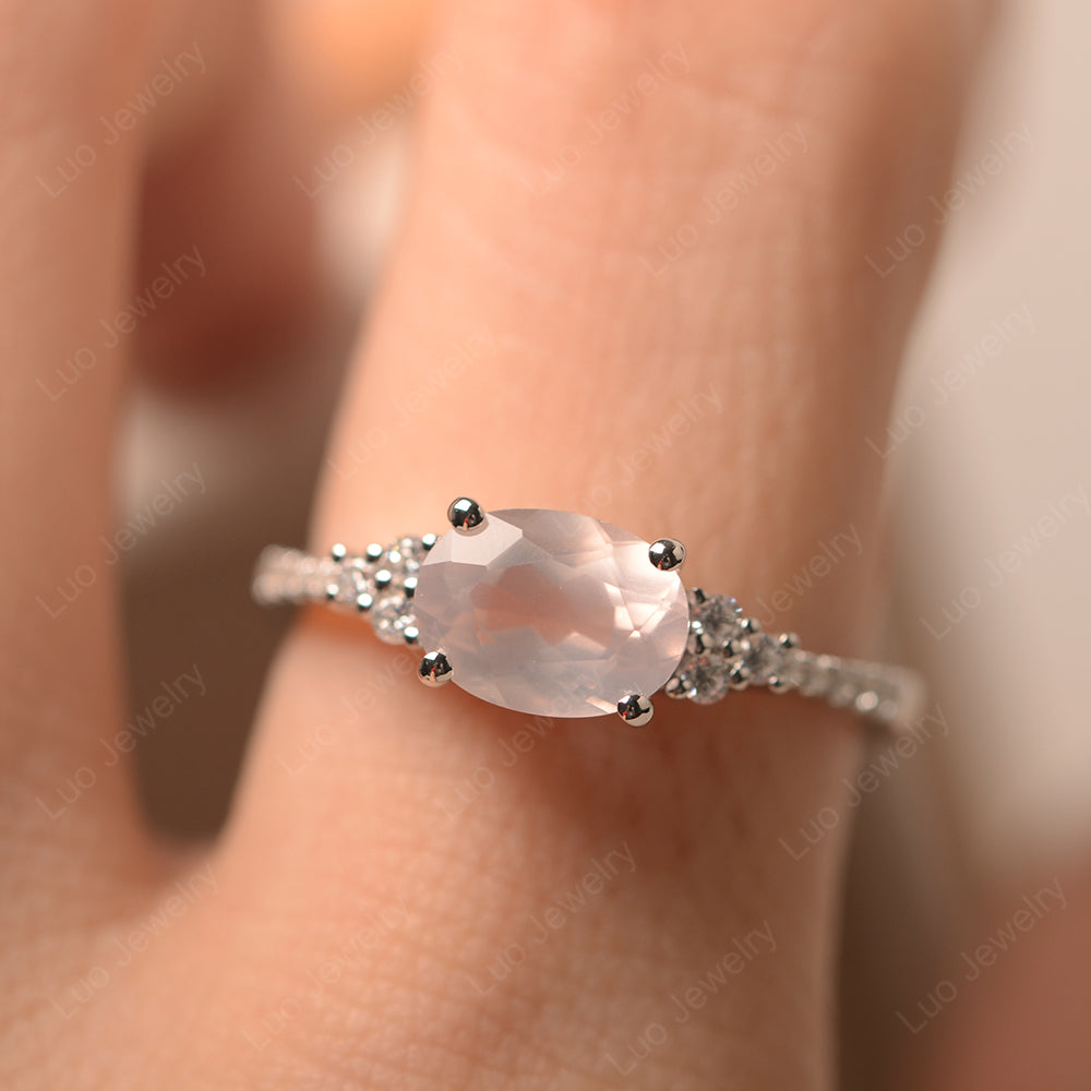 Horizontal Oval Cut Rose Quartz Engagement Ring - LUO Jewelry
